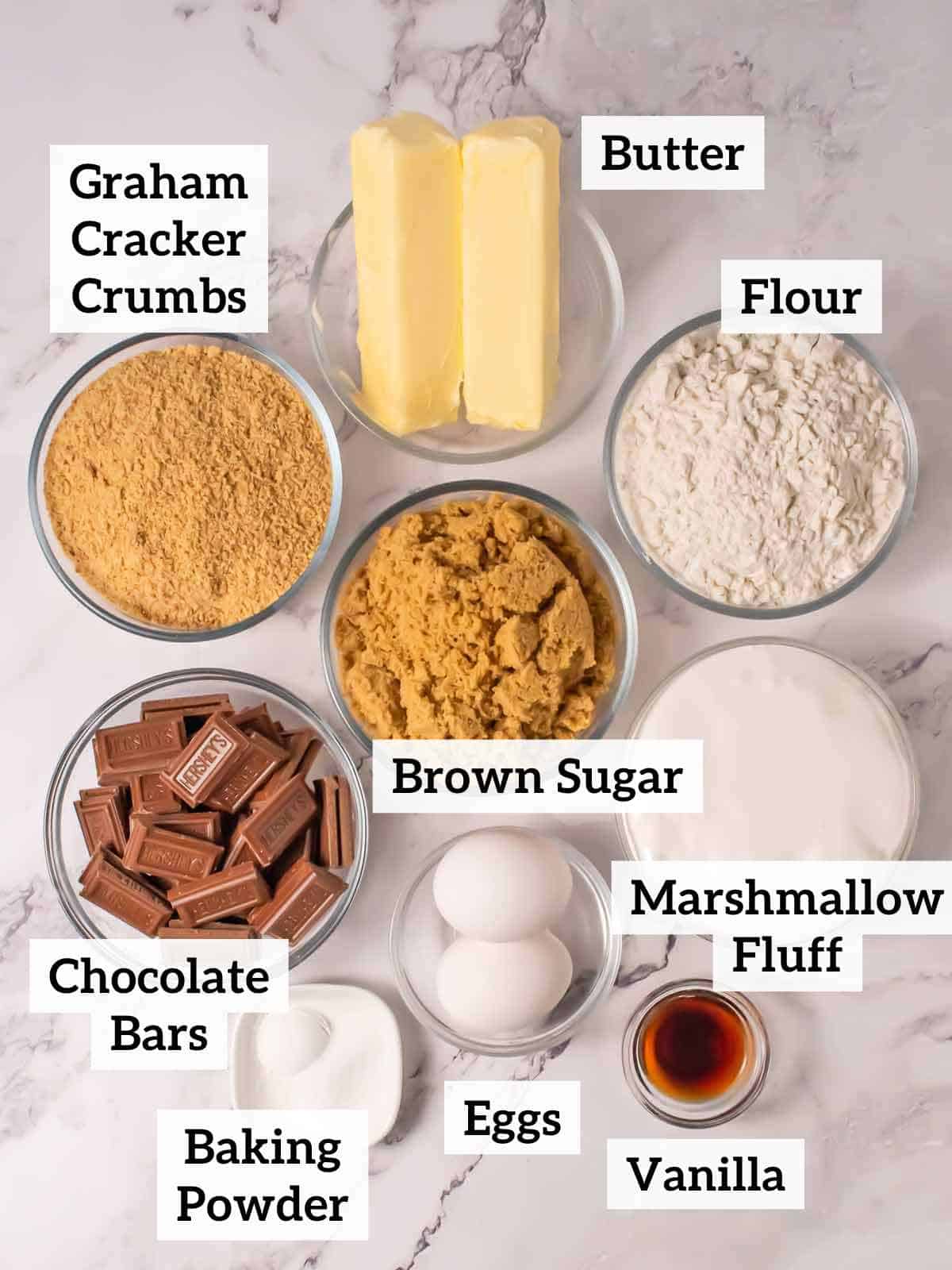 Butter, flour, brown sugar, graham cracker crumbs, eggs, vanilla, baking powder, marshmallow fluff.