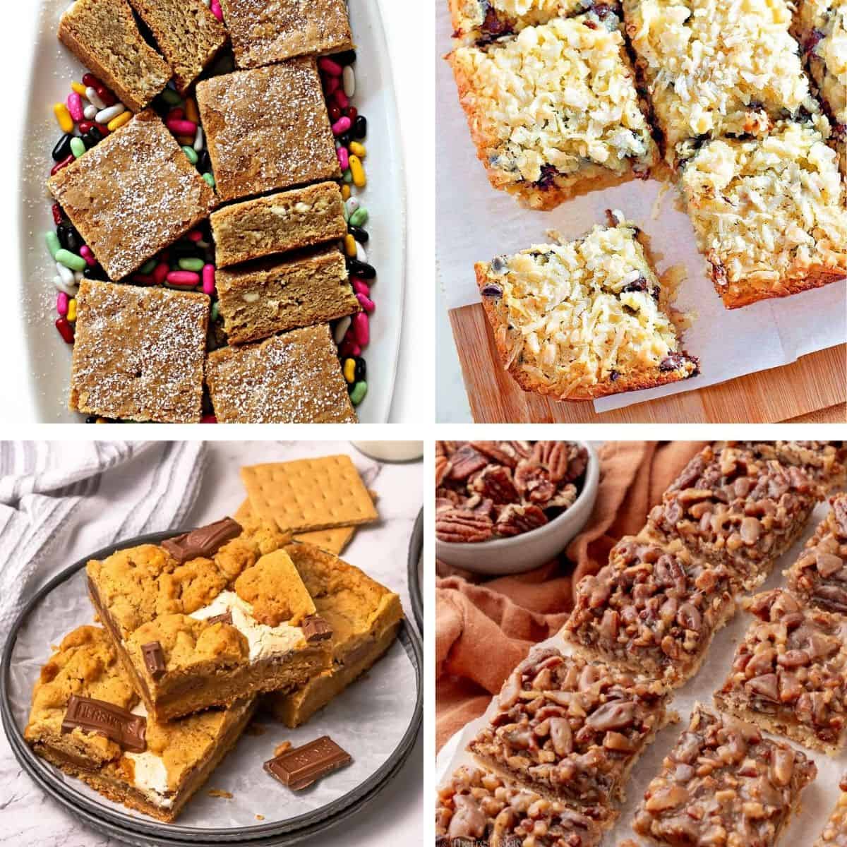Root Beer Float Bars, Coconut Chocolate Chip Cookie Bars, Pecan Pie Bars, and S'Mores Bars.