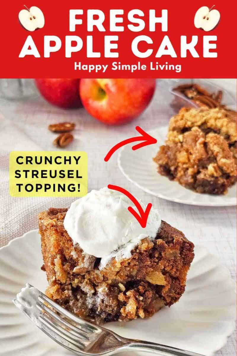 A serving of fresh apple cake topped with streusel and vanilla ice cream, on a white plate with a fork.