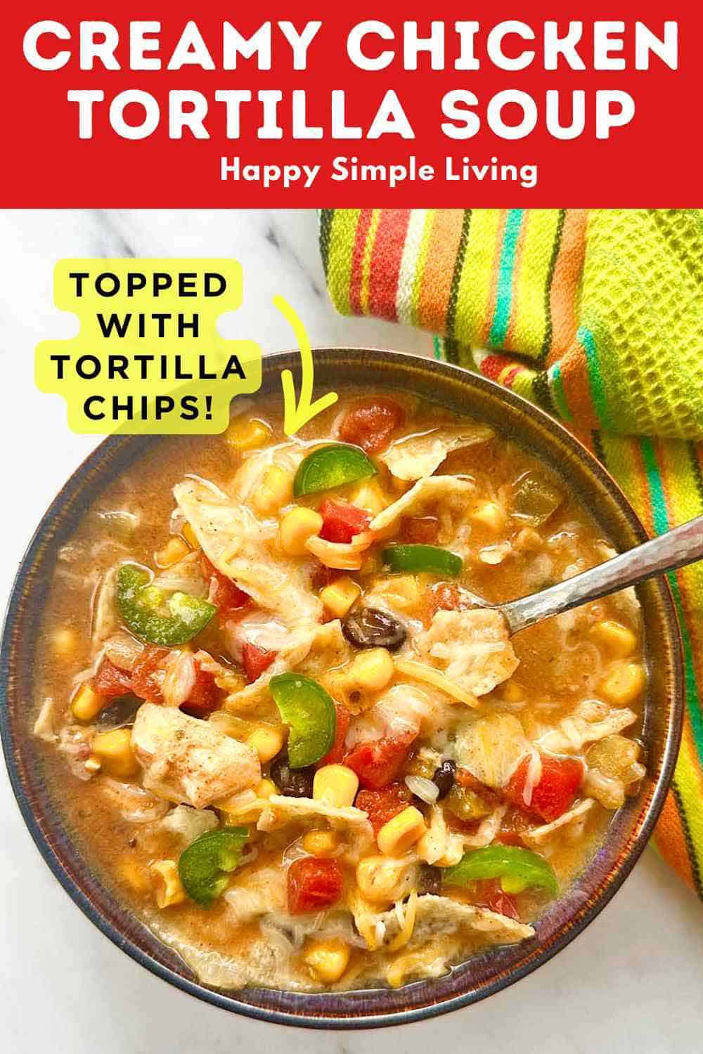A bowl of chicken tortilla soup topped with tortilla chips.