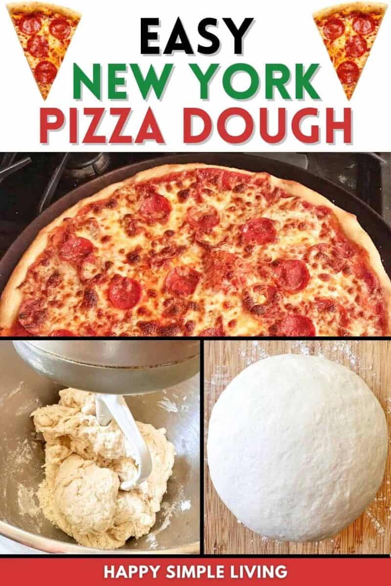 Cooked New York style pizza, making the dough in a mixing bowl, and finished dough ball.