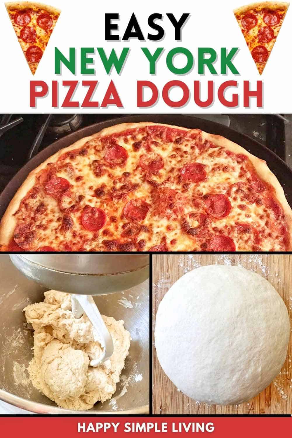 Cooked New York style pizza, making the dough in a mixing bowl, and finished dough ball.