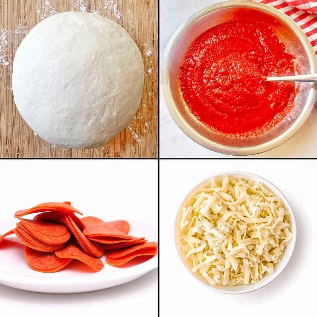 A pizza dough ball, bowl of pizza sauce, plate of sliced pepperoni, and bowl of shredded mozzarella cheese.
