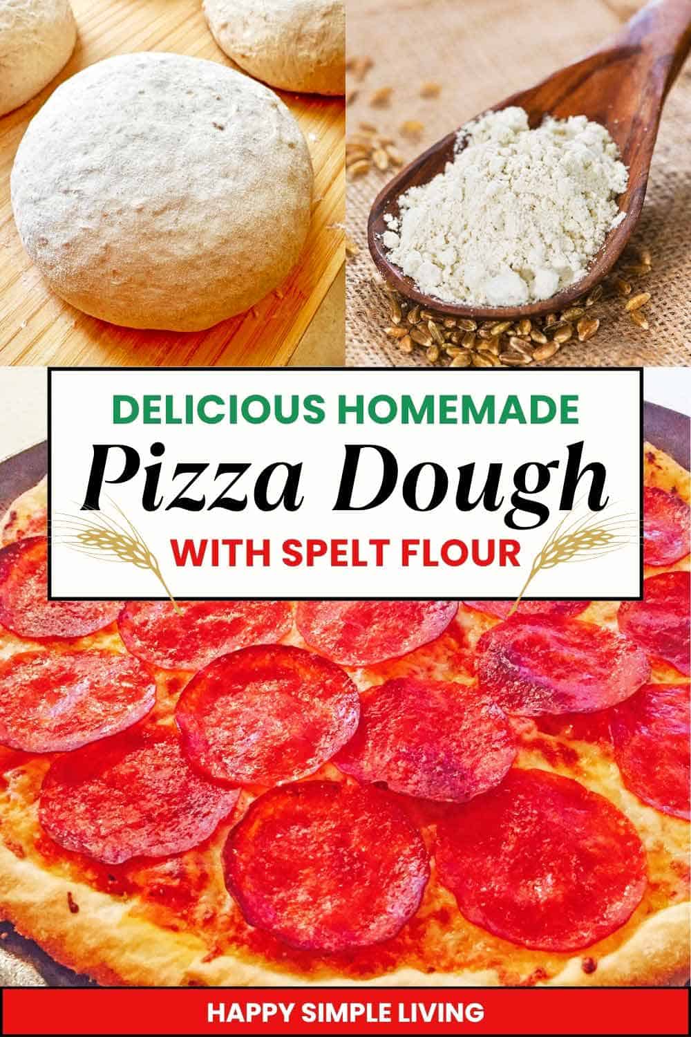 Spelt pizza dough ball, a wooden spoon with spelt flour, and a pizza made from spelt flour dough.