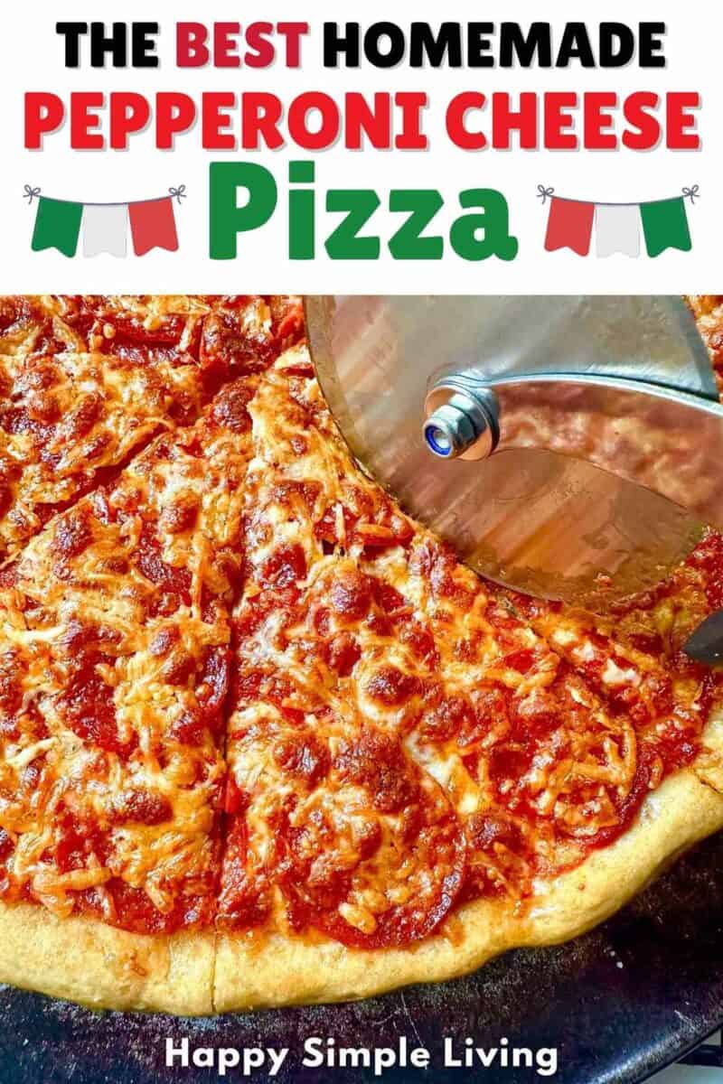Cutting a homemade pepperoni cheese pizza with a pizza cutter.