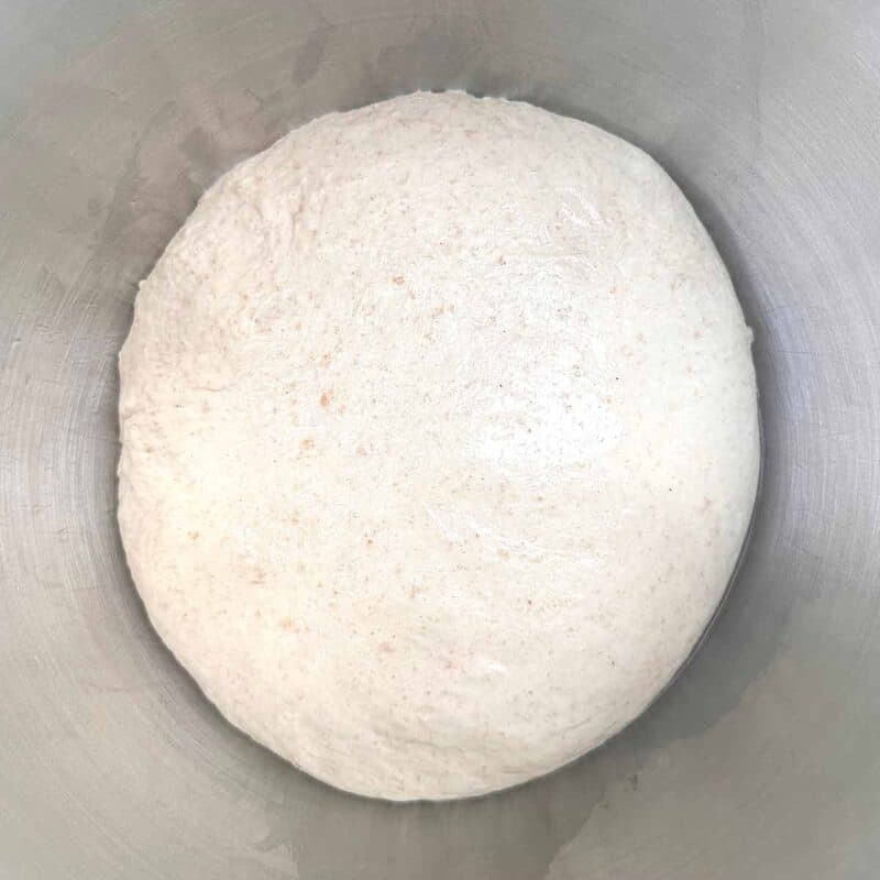 A kneaded ball of spelt pizza dough in a stainless steel mixing bowl.